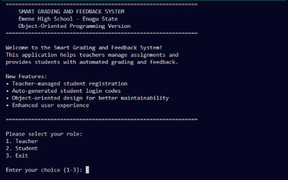 Terminal grading system showing the role selection menu