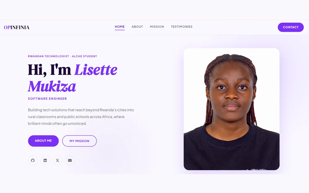 OPINFINIA site hero introducing Lisette Mukiza