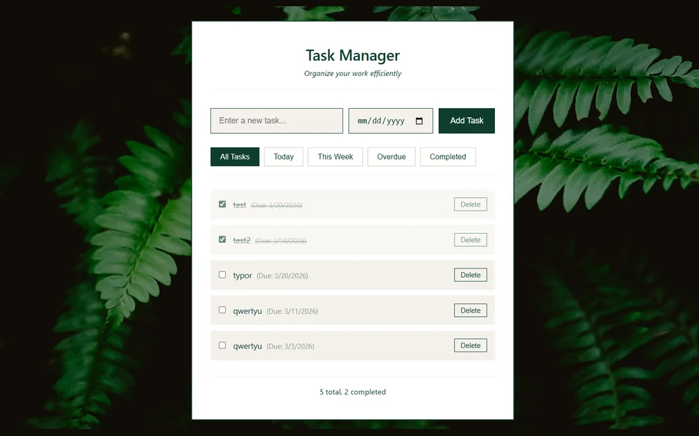 Task Manager interface with filters and a dated task list